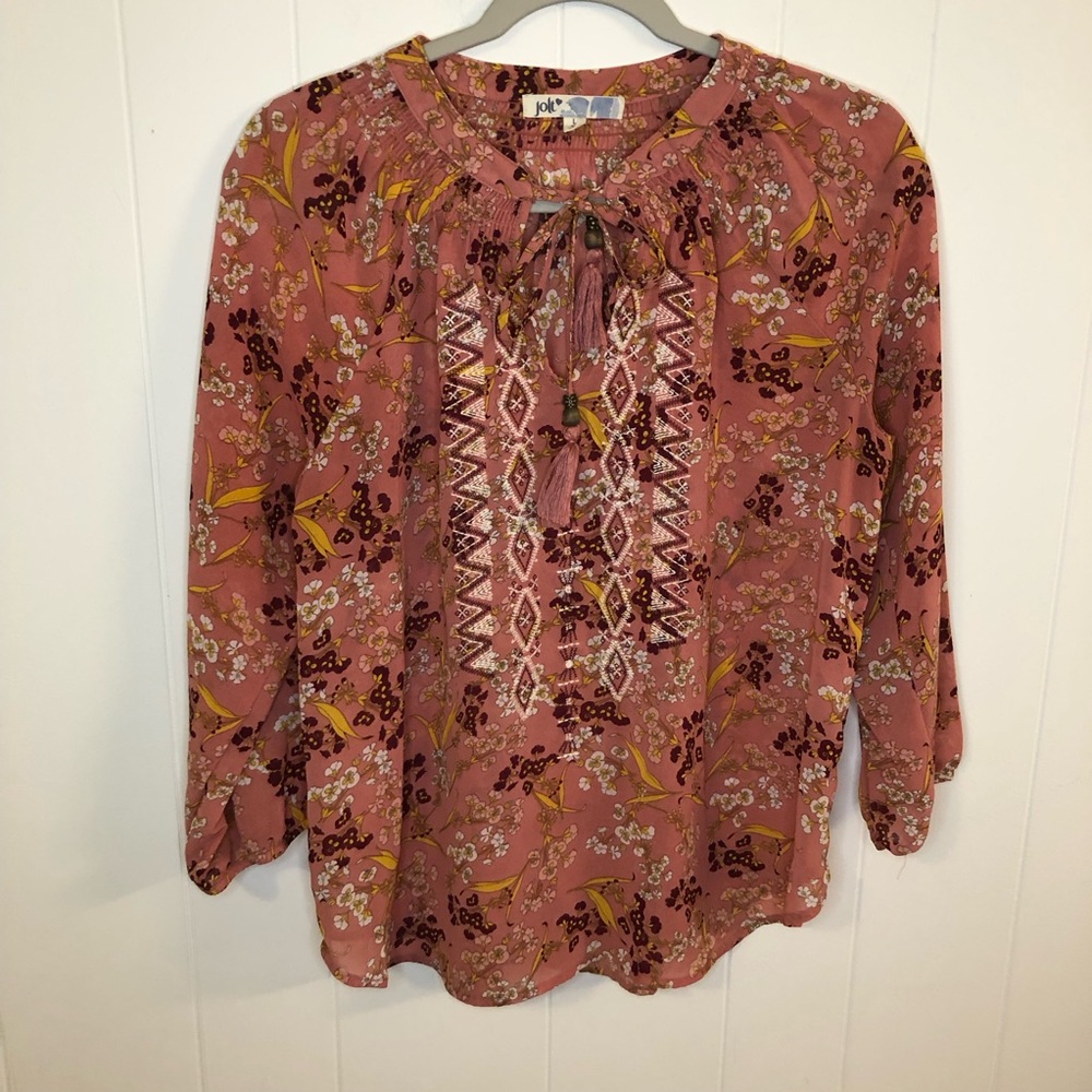 Jolt Rose Floral Embroidered Tie-Neck Boho Sheer Top Large